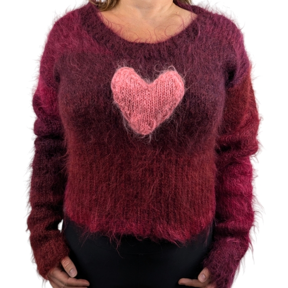 Handmade Cropped Sweater Womens Heart Embelishment Mohair Knit Texture - Picture 2 of 5